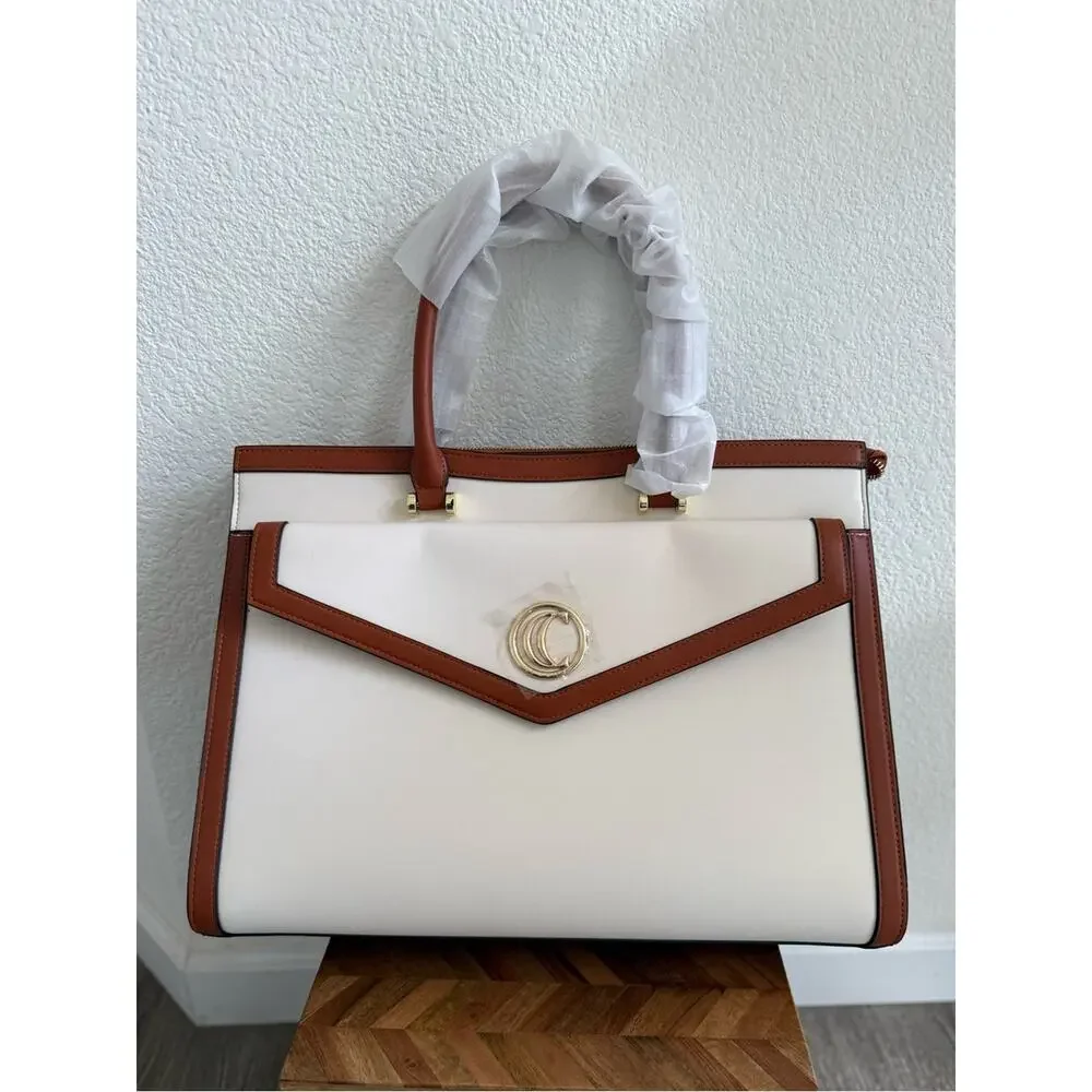 Tan Cream Laptop Briefcase Structured Work Tote 15.6”